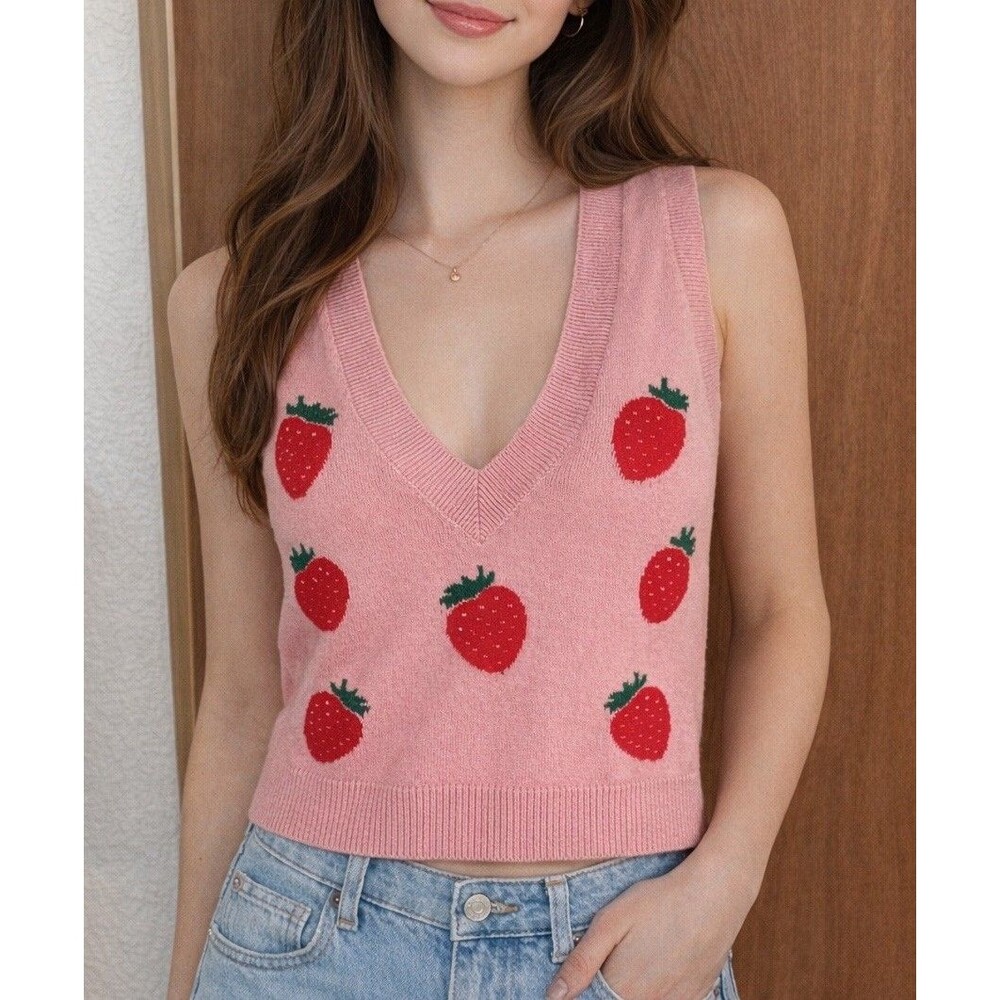 Hot Topic Pink Strawberry Crop Sweater Vest Size‎ Small Cottage Core Preppy Cute